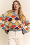 V NECK LONG SLEEVE MULTI COLOR SWEATER TOP
