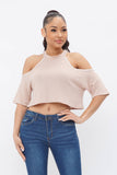 French Terry Solid Shoulder Cut Out Detail Half Sleeve Top