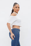 French Terry Solid Shoulder Cut Out Detail Half Sleeve Top