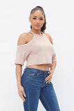 French Terry Solid Shoulder Cut Out Detail Half Sleeve Top