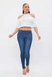 French Terry Solid Shoulder Cut Out Detail Half Sleeve Top