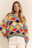 V NECK LONG SLEEVE MULTI COLOR SWEATER TOP