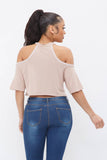 French Terry Solid Shoulder Cut Out Detail Half Sleeve Top