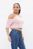 French Terry Solid Shoulder Cut Out Detail Half Sleeve Top