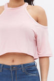 French Terry Solid Shoulder Cut Out Detail Half Sleeve Top