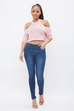French Terry Solid Shoulder Cut Out Detail Half Sleeve Top