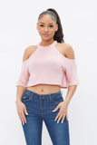 French Terry Solid Shoulder Cut Out Detail Half Sleeve Top