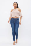 French Terry Solid Shoulder Cut Out Detail Half Sleeve Top
