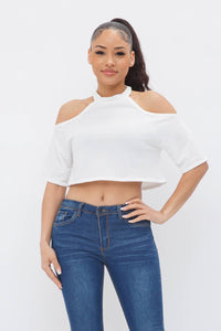French Terry Solid Shoulder Cut Out Detail Half Sleeve Top