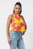 Print Halter Neck Back Tie Sleeveless Top