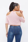 French Terry Solid Shoulder Cut Out Detail Half Sleeve Top