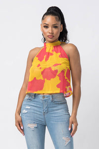 Print Halter Neck Back Tie Sleeveless Top