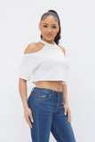 French Terry Solid Shoulder Cut Out Detail Half Sleeve Top