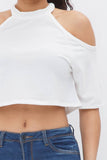 French Terry Solid Shoulder Cut Out Detail Half Sleeve Top