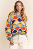 V NECK LONG SLEEVE MULTI COLOR SWEATER TOP