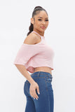 French Terry Solid Shoulder Cut Out Detail Half Sleeve Top
