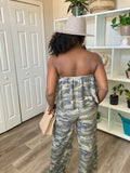 Kerri Olive Camo Strapless Jumpsuit