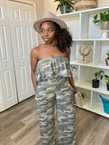 Kerri Olive Camo Strapless Jumpsuit