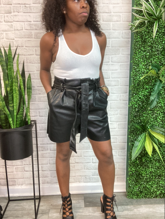 Black paperbag leather shorts discount