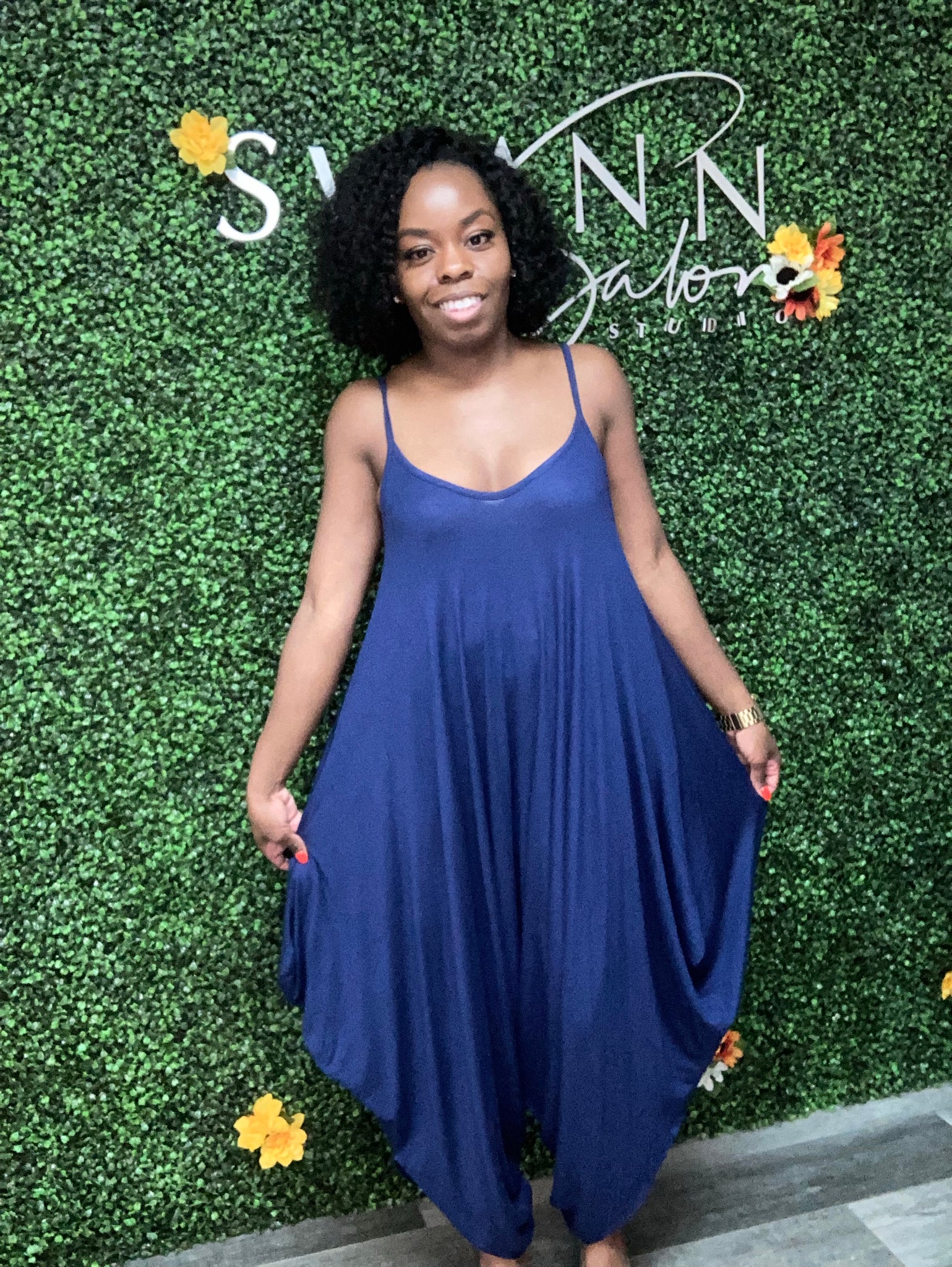 Gina Loose Fit Spaghetti Strap Romper Navy Swann Salon Studio