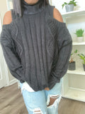 GiGi Cold Shoulder Cable Knit Sweater (Black)