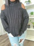 GiGi Cold Shoulder Cable Knit Sweater (Black)
